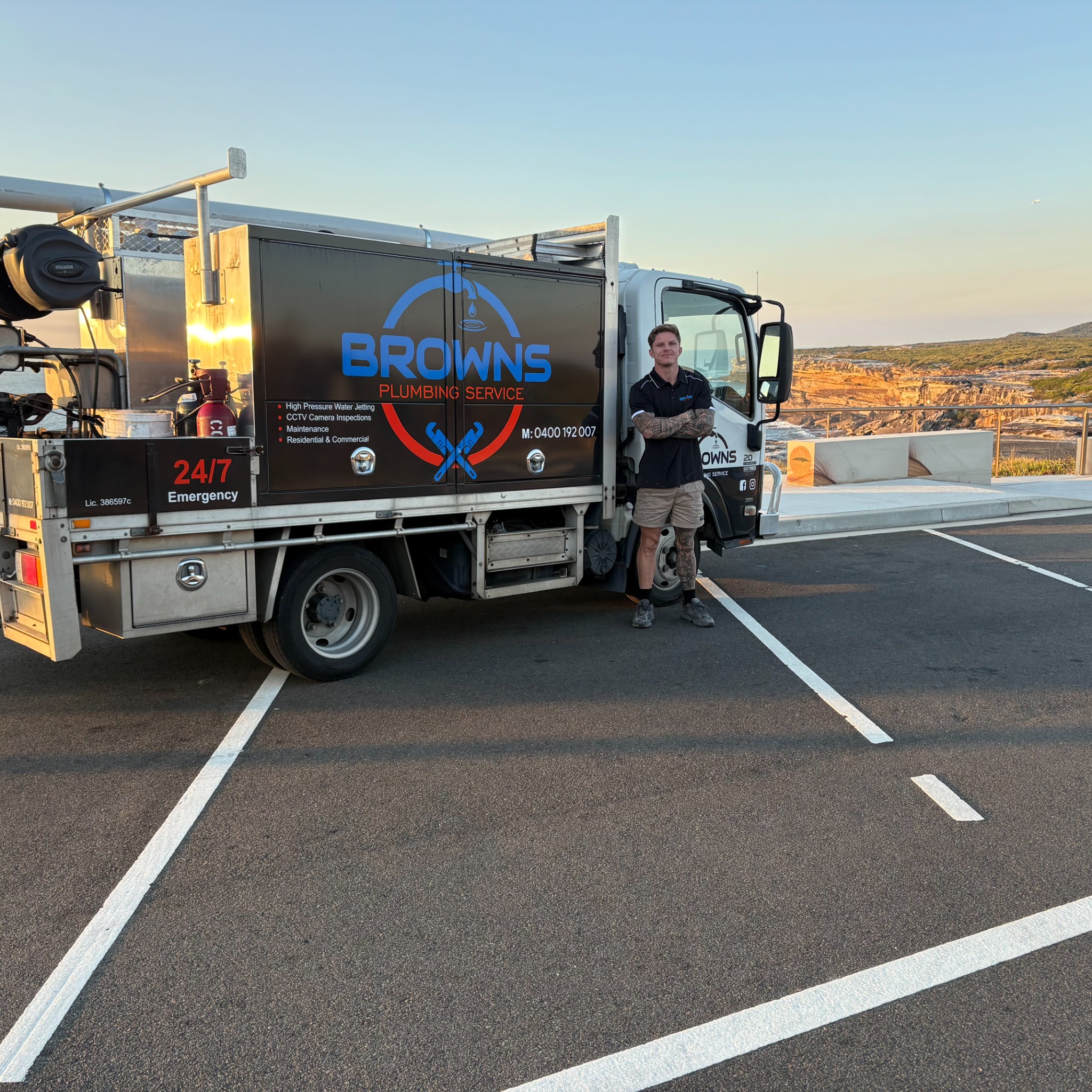Browns Plumbing Service truck and team member